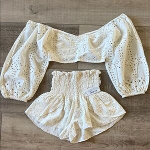 Elegant White Eyelet High Waist Set